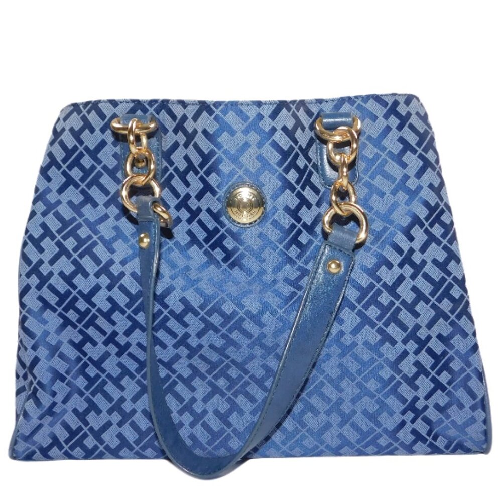 Tommy Hilfiger Blue Monogram Shoulder Bag – Gold Chain Straps - Picture 2 of 12